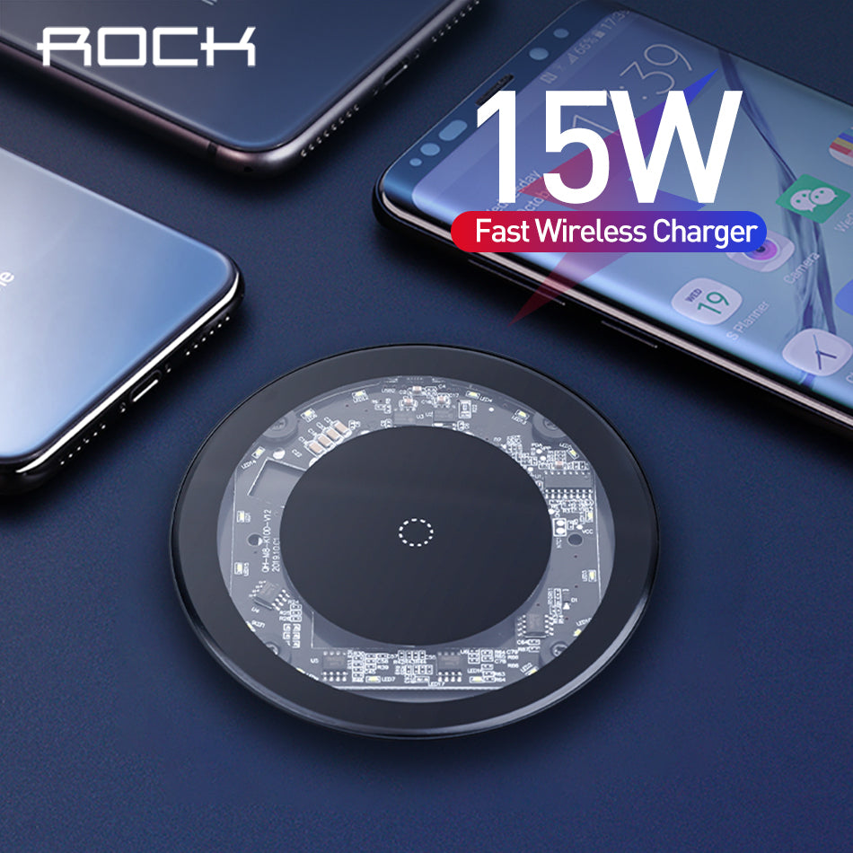 ROCK 15W Qi Wireless Charger for iPhone X XS MAX XR 8 Plus Samsung S10 Xiaomi 9 10W Wireless Charging Transparent