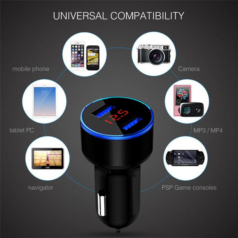 Dual USB Car Charger 2 Port LCD Display