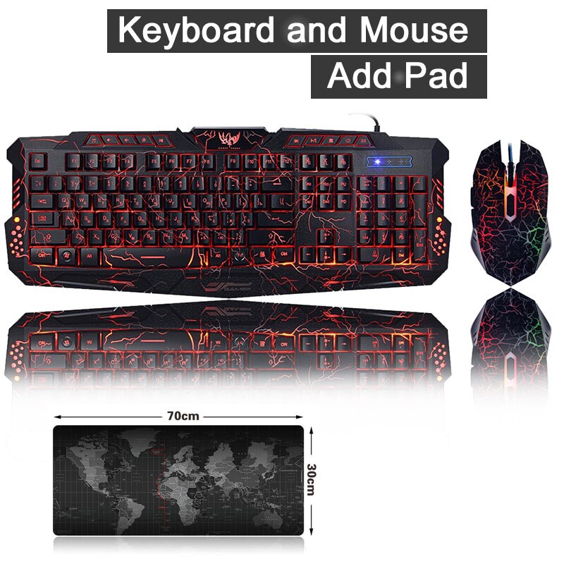 Gaming Backlight Keyboard Mouse Combos LED USB Wired Colorful Breathing Crack Gaming Keyboard for Desktop Laptop Russian sticker