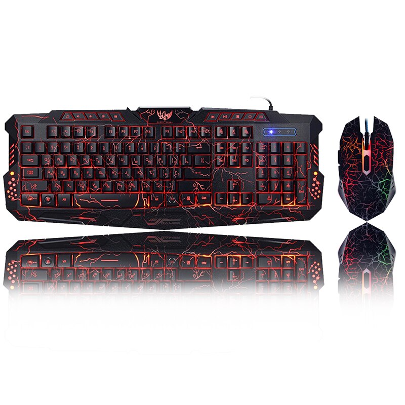 Gaming Backlight Keyboard Mouse Combos LED USB Wired Colorful Breathing Crack Gaming Keyboard for Desktop Laptop Russian sticker