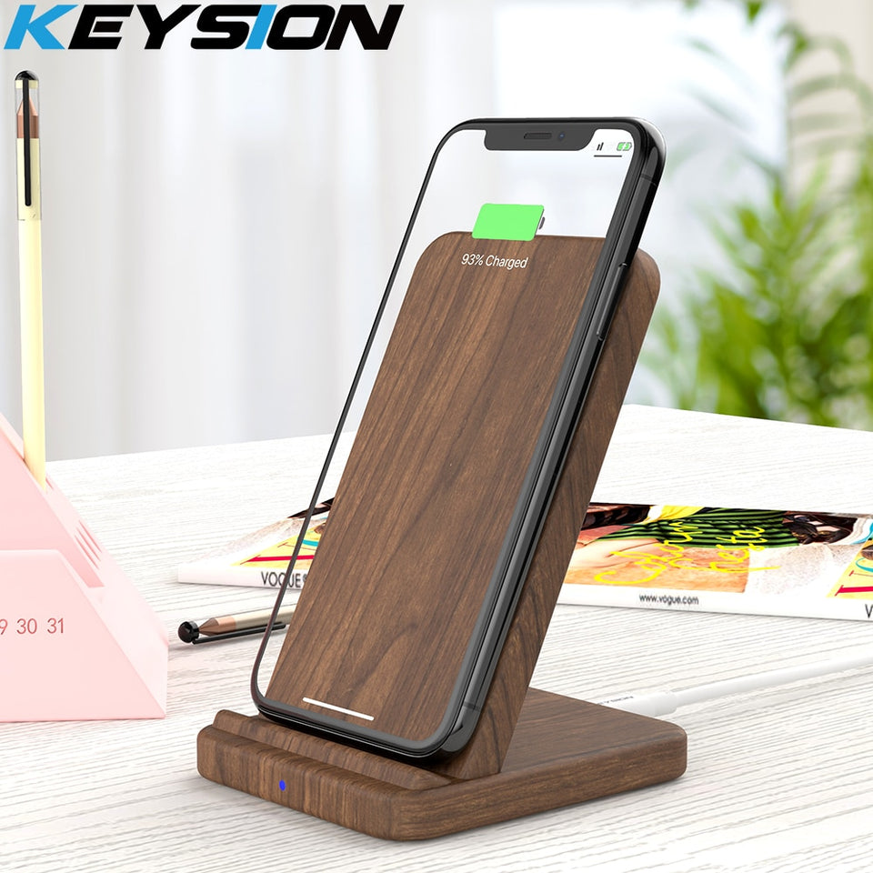 KEYSION 10W Wooden Qi Wireless Charger for iPhone 11 Pro XR XS Max Xiaomi mi 10 fast Wireless Charging Stand for Samsung S20 S10