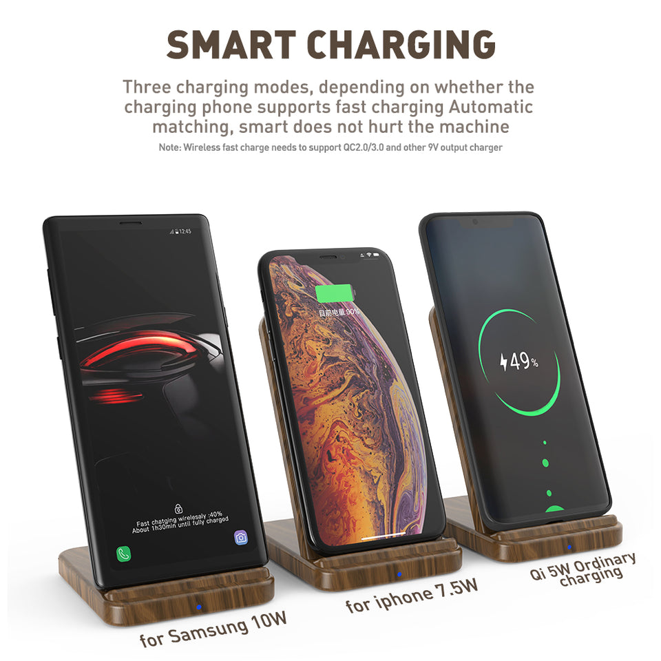 KEYSION 10W Wooden Qi Wireless Charger for iPhone 11 Pro XR XS Max Xiaomi mi 10 fast Wireless Charging Stand for Samsung S20 S10