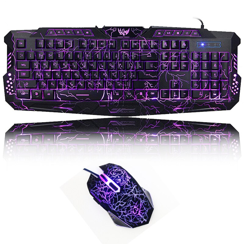 Gaming Backlight Keyboard Mouse Combos LED USB Wired Colorful Breathing Crack Gaming Keyboard for Desktop Laptop Russian sticker